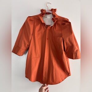 KMJ “Bontina” Ruffle Collar Button-Up Shirt - Rust Orange